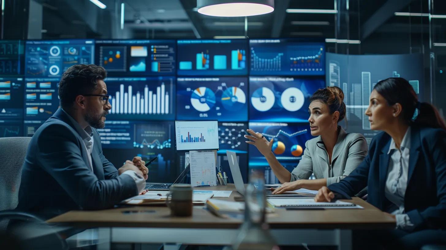 a dynamic office setting showcases a diverse group of professionals engaged in a lively discussion, with digital marketing visuals and graphs prominently displayed on screen, symbolising the strategic collaboration needed for building high-quality backlinks to enhance e-commerce authority.