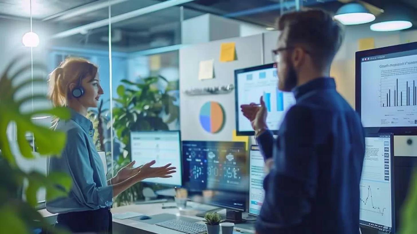 a sleek office environment showcases a digital marketing team engaging in a dynamic discussion around vibrant, optimised landing page mock-ups displayed on multiple screens, highlighting the theme of conversion rate optimisation for boosting online sales.