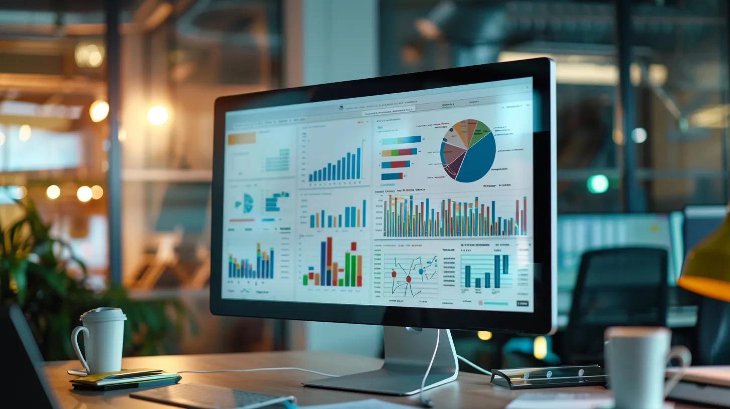 a modern office workspace features a sleek computer screen displaying colourful graphs and analytics, highlighting various aspects of an seo audit, while a focused professional annotates insights on a digital tablet, emphasizing the theme of e-commerce optimisation.
