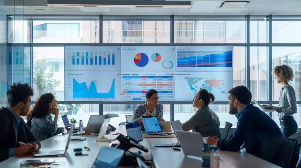 a dynamic office environment showcases a diverse team engaged in a strategic brainstorming session, with vibrant digital displays illustrating analytics and marketing strategies to enhance online presence and generate leads.