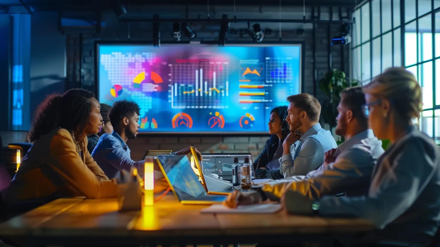 a dynamic office scene showcasing a diverse team engaged in an animated discussion around a digital display, illustrating the impressive growth metrics from seo case studies with vibrant charts and graphs glowing on screen.