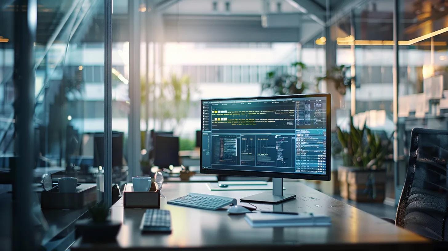 a modern office space features an optimised workstation displaying a sleek computer screen with vibrant product pages, intuitive navigation tools, and dynamic data visuals, all bathed in bright, artificial light to emphasise a professional, high-tech atmosphere.