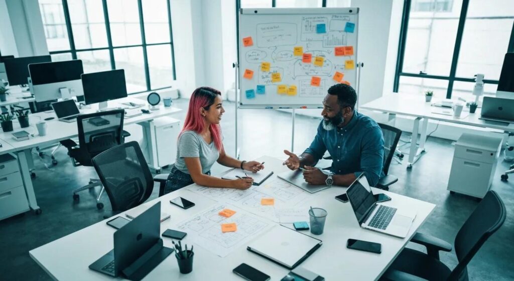 Diverse professionals collaborating on digital marketing strategies in a modern office
