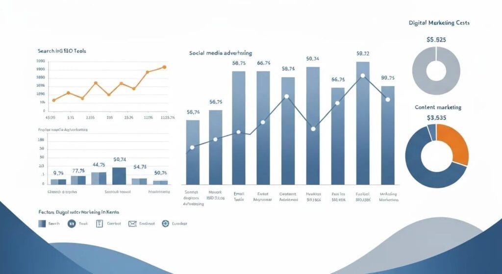 Graph displaying digital marketing costs in Kenya, including search engine optimization tools and social media advertising metrics, with cost breakdowns for content marketing.
