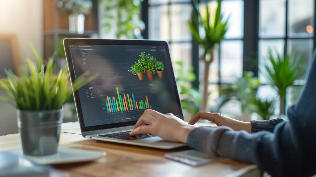 Person analyzing keyword data on a laptop in a modern workspace