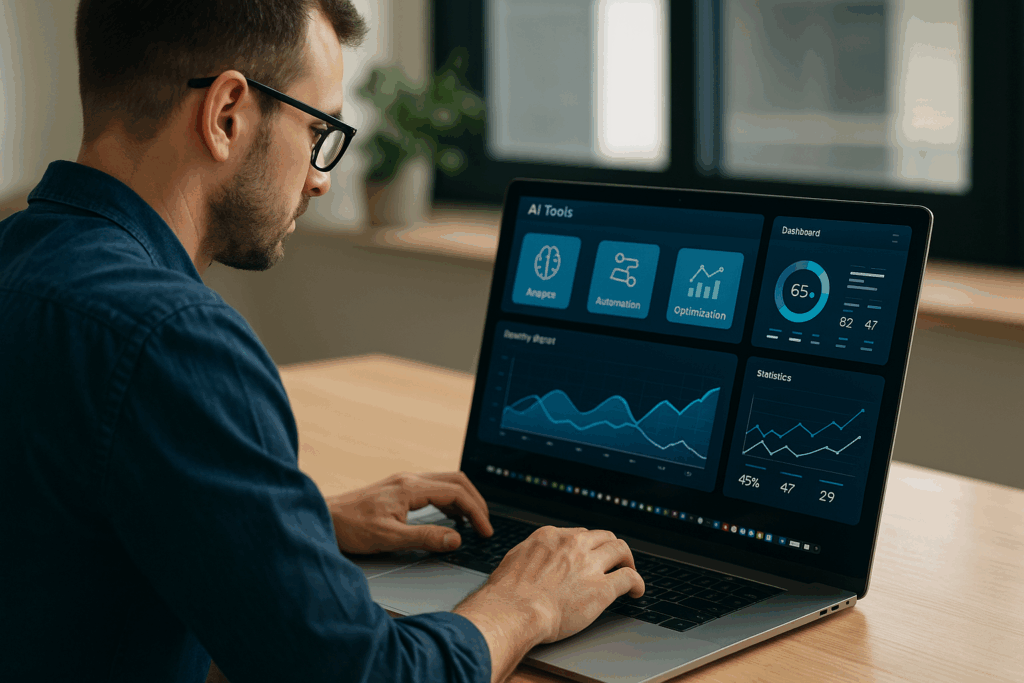 Professional working on a laptop with AI dashboards and data charts on screen, representing modern AI tools for productivity