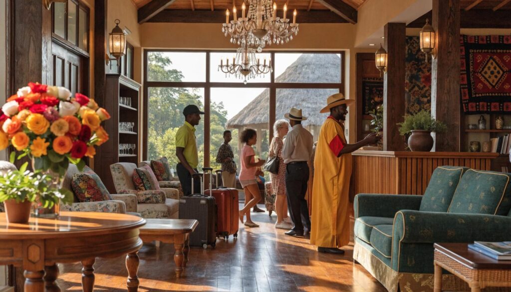 Welcome scene in East African hotel lobby with staff and guests