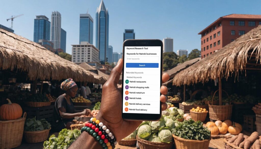 Smartphone showing keyword research for Nairobi businesses, surrounded by cultural elements reflecting the city's identity