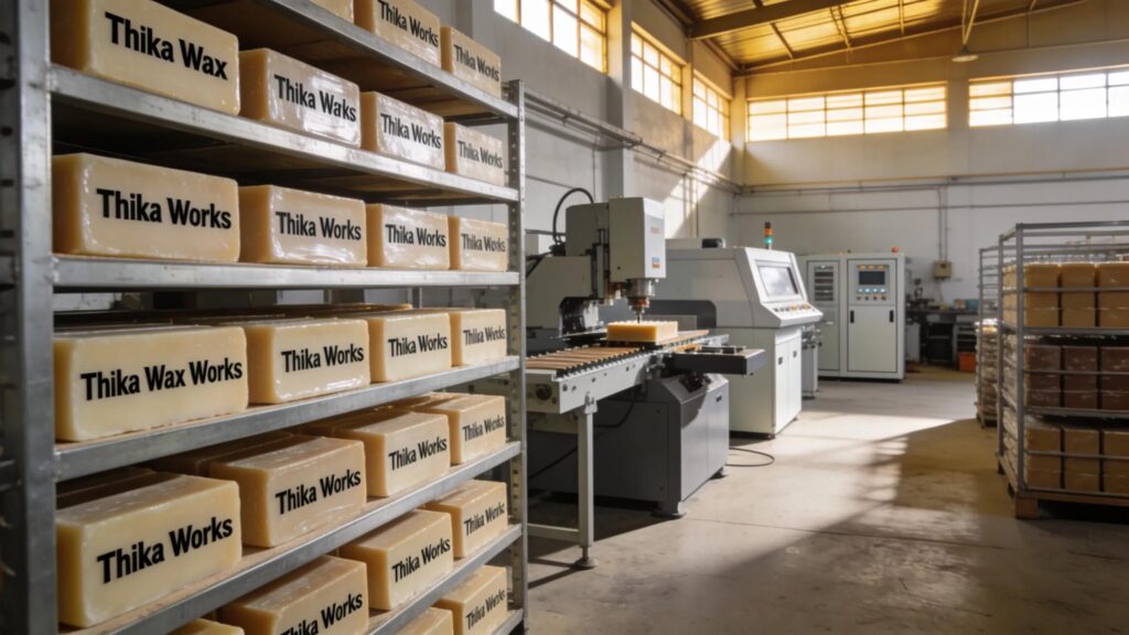 Industrial wax blocks and manufacturing equipment highlighting the core products of Thika Wax Works