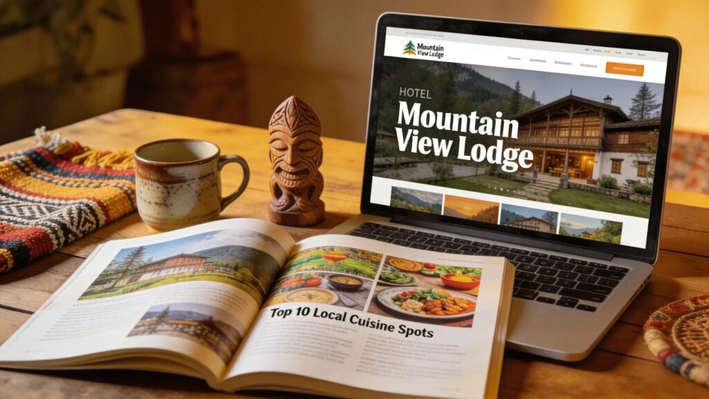Open travel guidebook with local artifacts promoting tourism