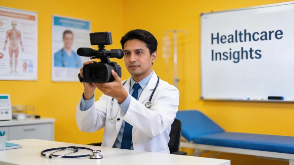 Healthcare professional recording a content marketing video in a clinic setting
