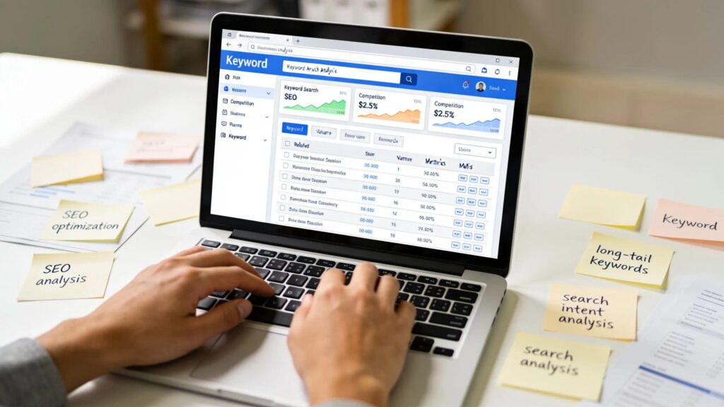 Close-up of SEO keyword analysis on a laptop screen in a modern office