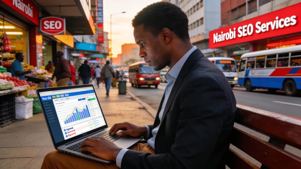 Professional analysing SEO audit tools on a laptop in a busy Nairobi business district, highlighting the importance of digital assessment