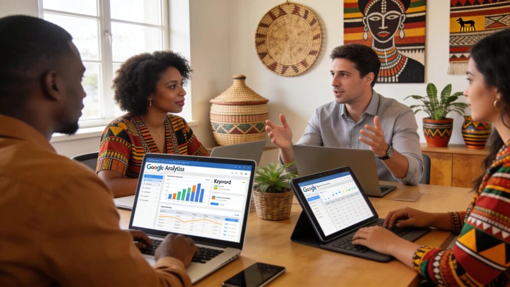Group of professionals discussing SEO strategies in a vibrant Kenyan office