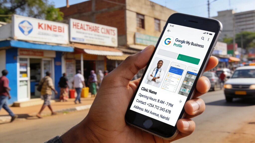 Smartphone displaying a Google My Business profile with local Nairobi clinics in the background