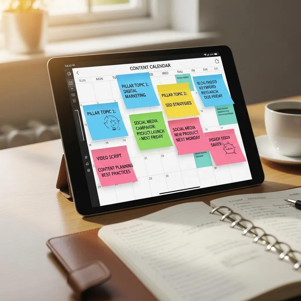 Content calendar displayed on a digital device with colorful sticky notes for planning