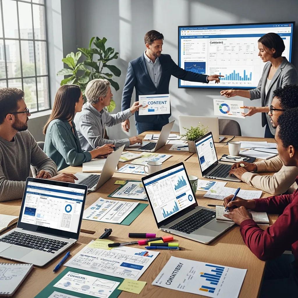Diverse professionals collaborating on a content strategy in a modern workspace