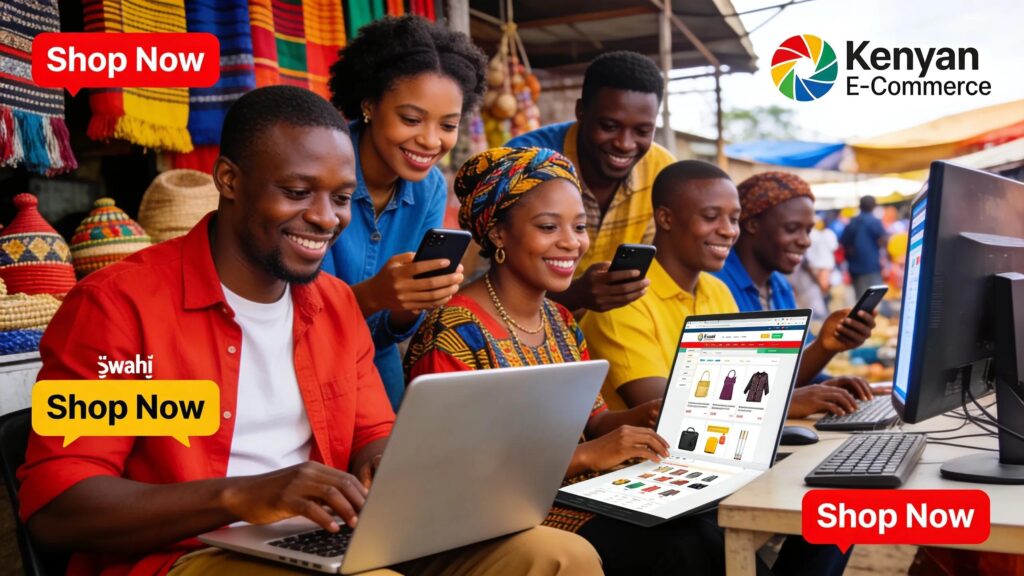 Diverse Kenyan shoppers exploring e-commerce websites on laptops and smartphones