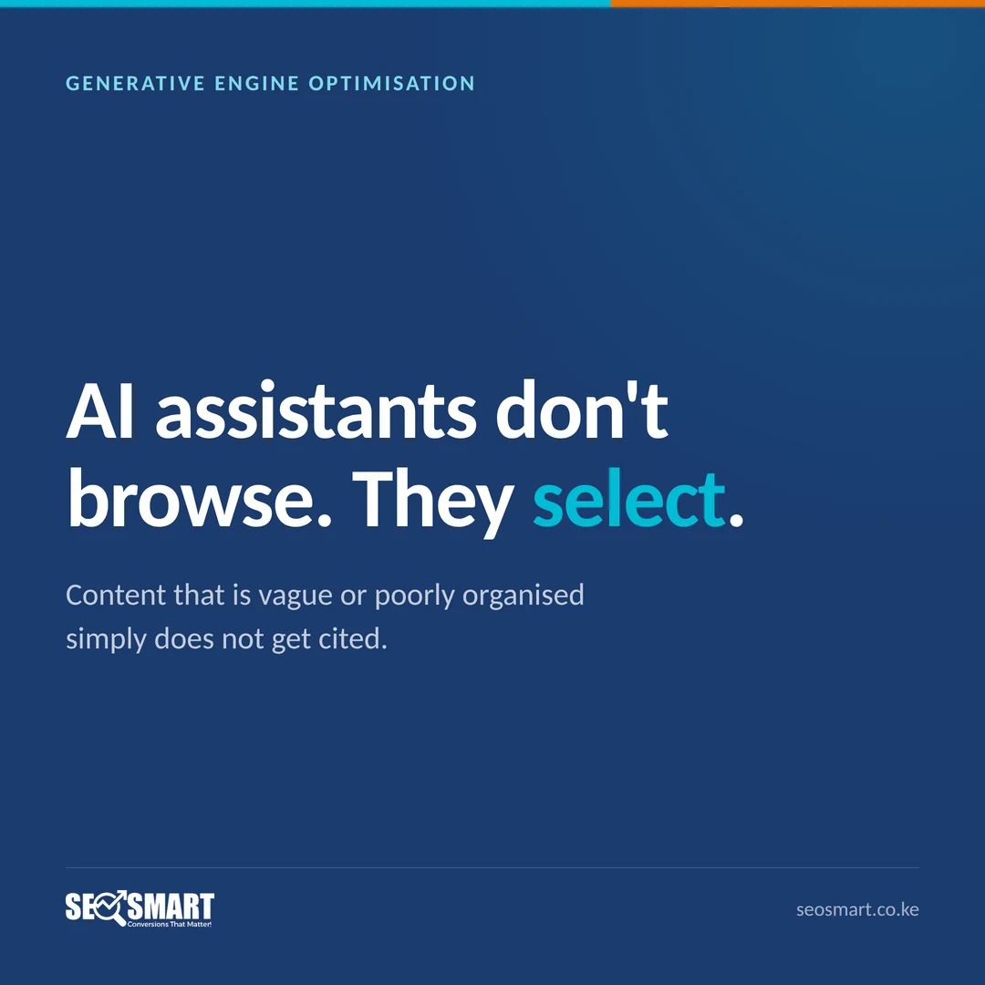 Generative Engine Optimisation: AI assistants don't browse. They select. Content that is vague or poorly organised simply does not get cited.