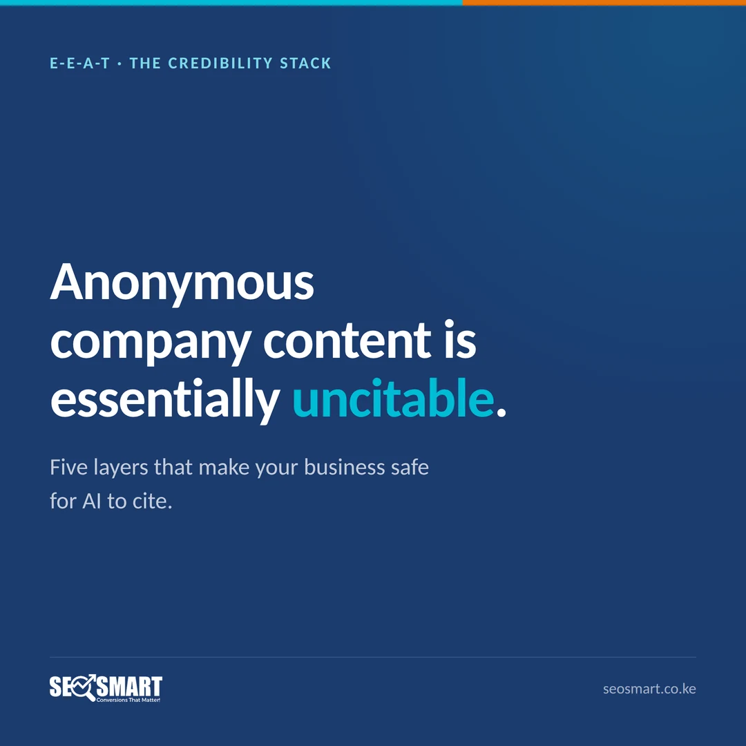 E-E-A-T · The Credibility Stack: Anonymous company content is essentially uncitable. Five layers that make your business safe for AI to cite.