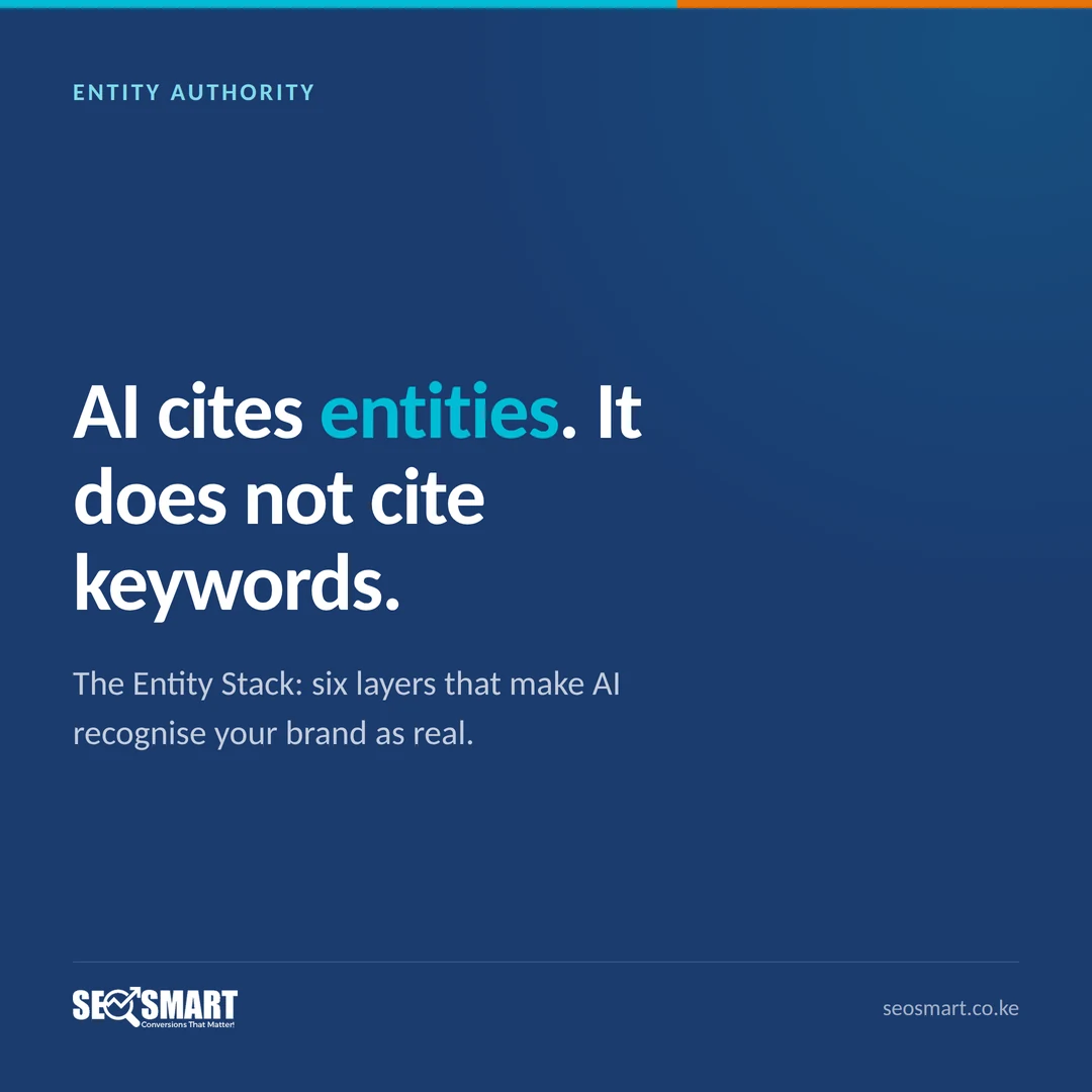 Entity Authority: AI cites entities. It does not cite keywords. The Entity Stack: six layers that make AI recognise your brand as real.