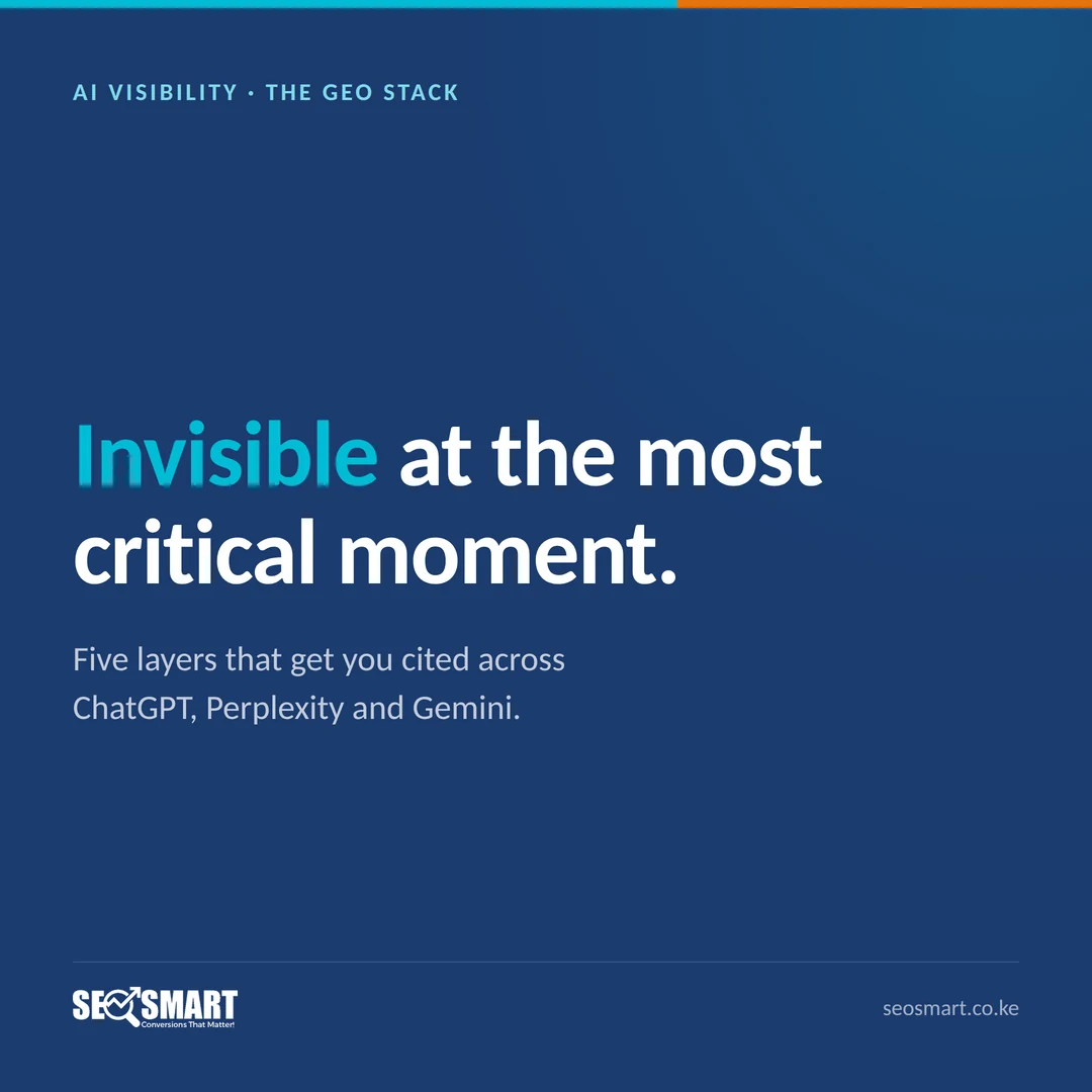 AI Visibility · The GEO Stack: Invisible at the most critical moment. Five layers that get you cited across ChatGPT, Perplexity and Gemini.